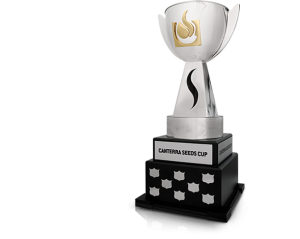 The grandiose Canterra Seeds Cup. It's a sports trophy made of silver, and sits upon a sturdy black wooden base.